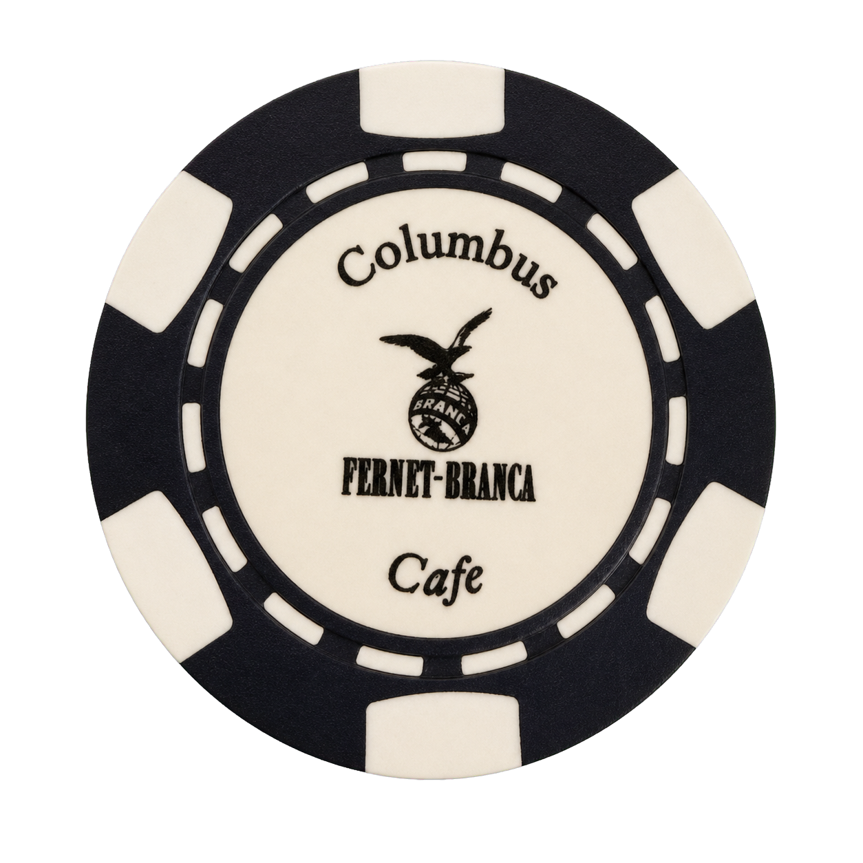 Black and cream Columbus Cafe Fernet-Branca poker chip