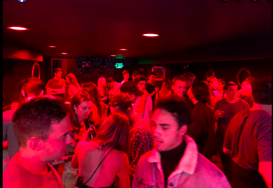 The downstairs event space with colored lighting